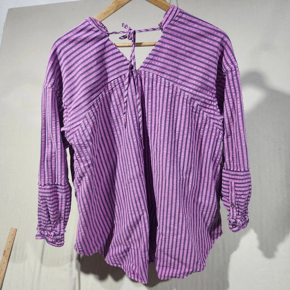 We The Free Free People Purple Striped Ruffle Button Down Boho Top Women Small